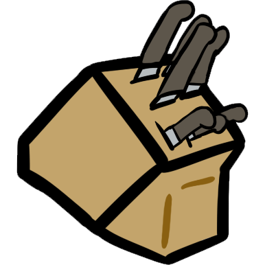 A drawing of a light brown knife block. There are large and small knives with black handles sticking out of it.